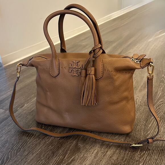 Tory Burch McGraw Slouchy Leather Satchel Moose Brown Tassel Bag Top Handle EUC - Picture 5 of 16